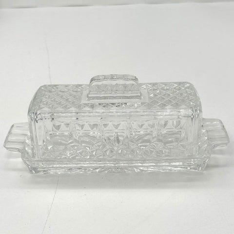 Vintage Pressed Glass Diamond Point Butter Dish & Salt Pepper Shaker Set Clear