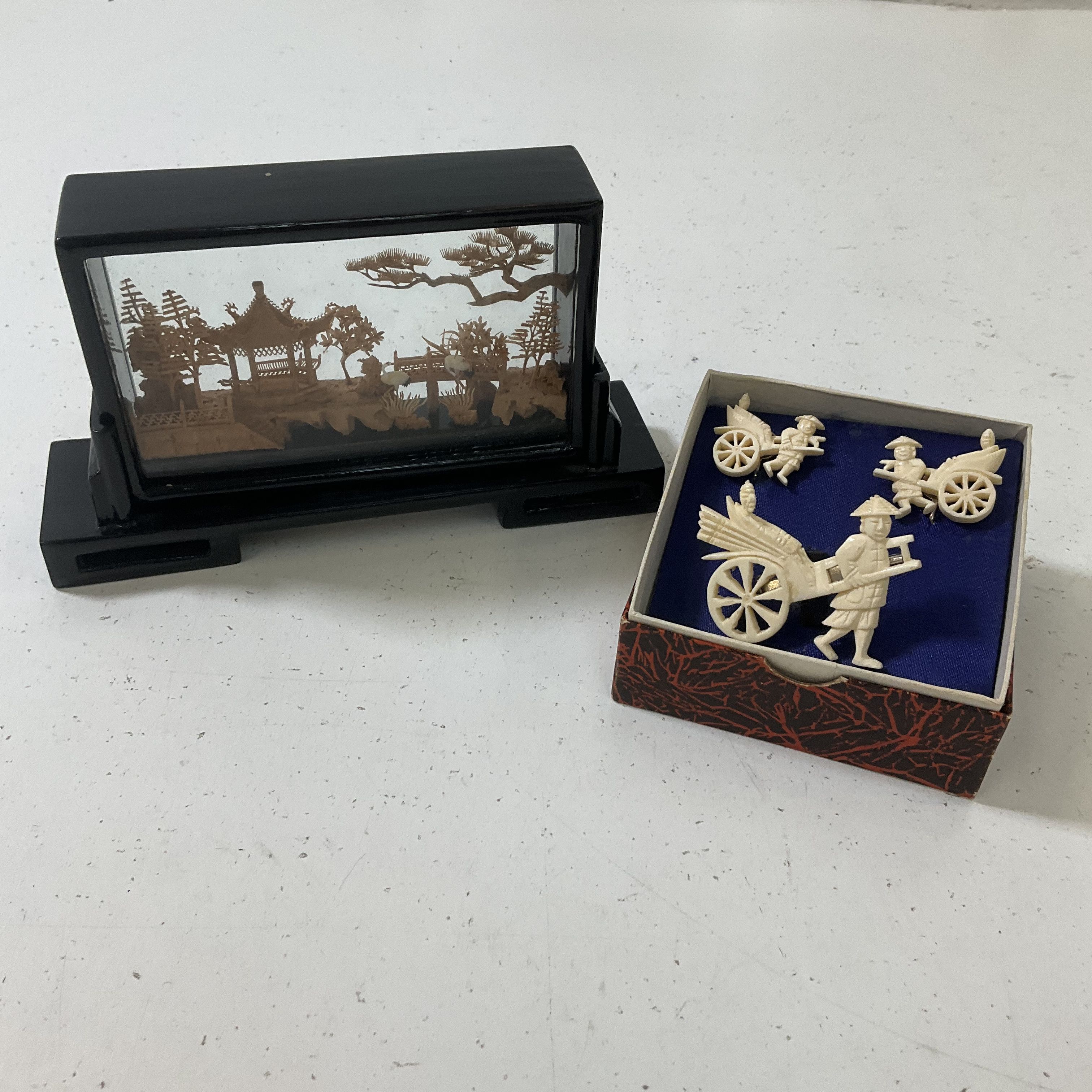 Vintage Hand Carved Chinese Cork Art & Rickshaw Screw Back Earrings Brooch Set
