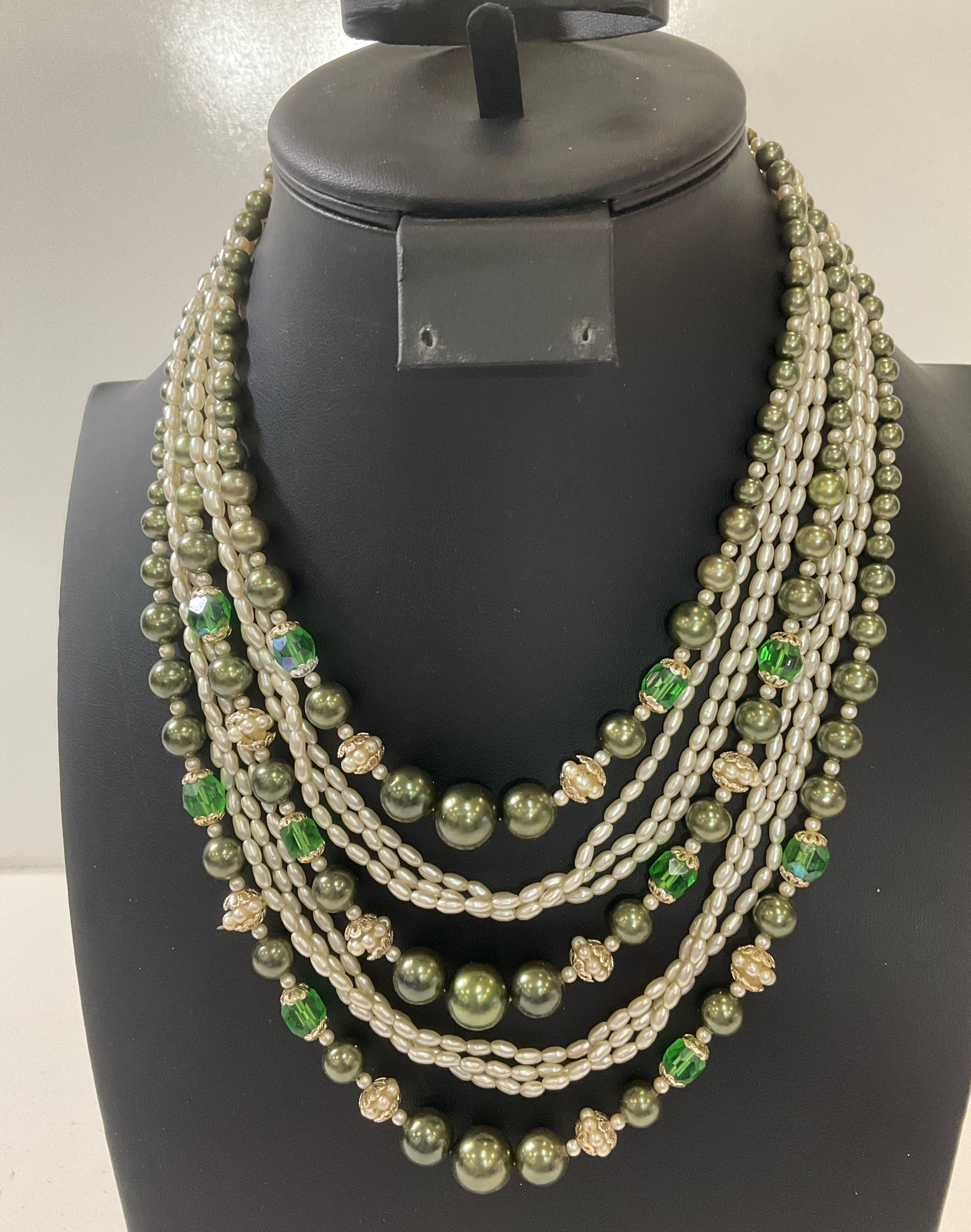 Costume Jewelry Lot Green Faux Stone Faux Pearl Beaded Seed Bead 5 Necklace Lot