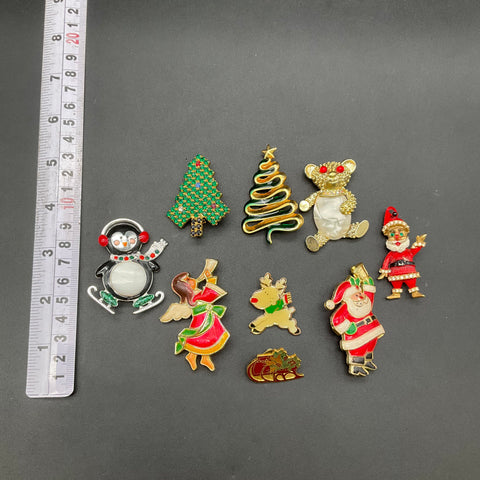 Vintage Christmas Brooches Jewelry Lot of 9 Santa Tree Reindeer Angel Penguin