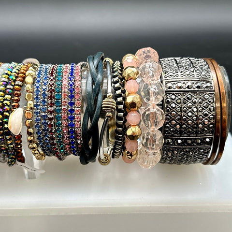 Boho Eclectic Jewelry Lot Beaded Rhinestone Cuff Leather Bracelets 30+ Pieces