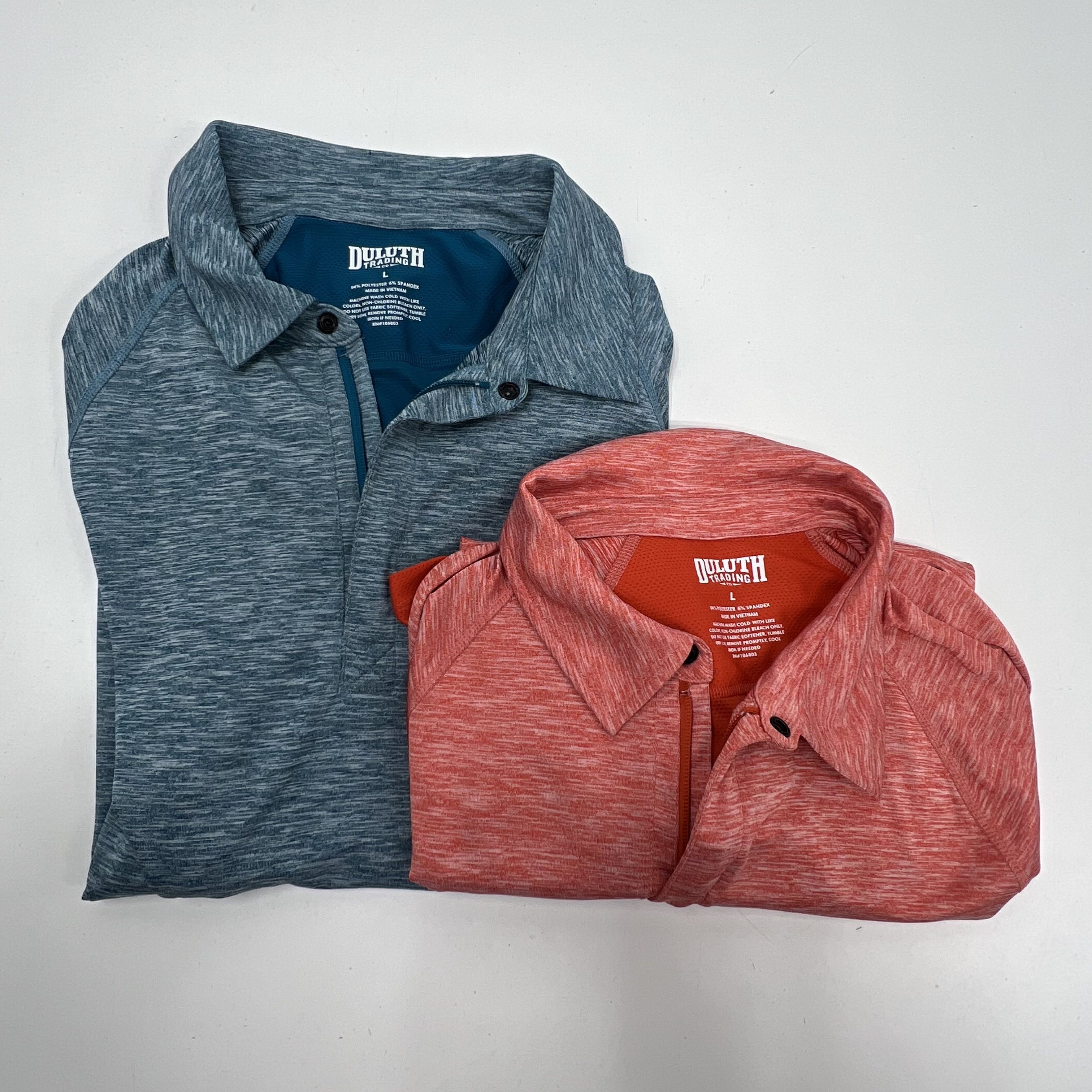Two Duluth Mens Blue Orange Heather Polo Short Sleeve Performance Shirts LG