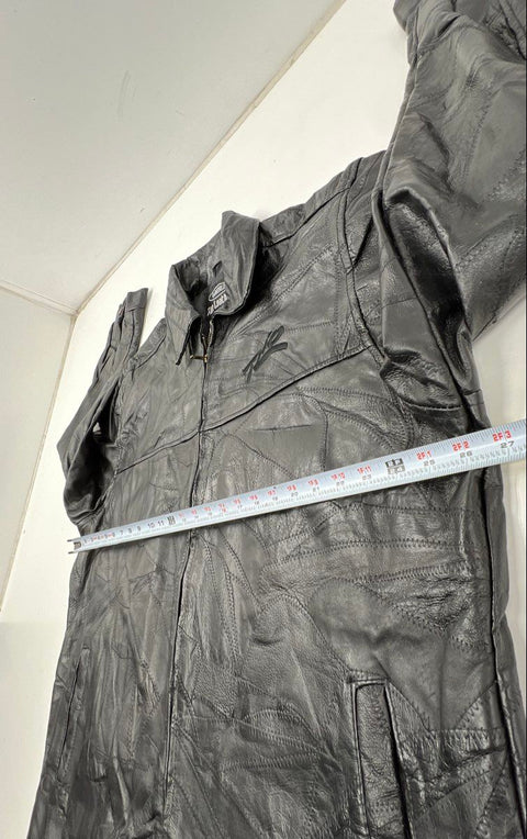 LeWorld Men's Black Patchwork Leather Jacket Zigzag Stitch Embroidered XXL