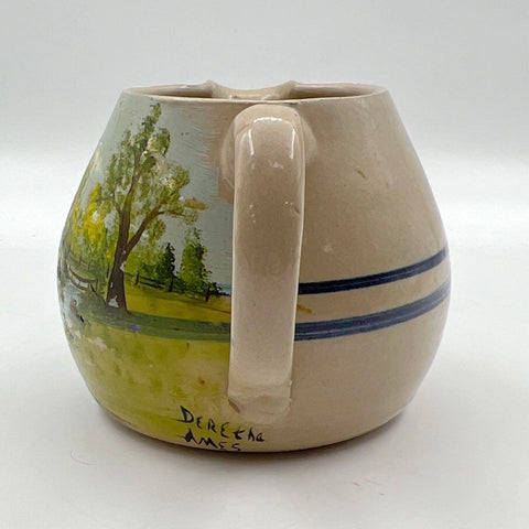Deretha Ames Hand Painted Pottery Pitcher Landscape Red House Scenic Vintage