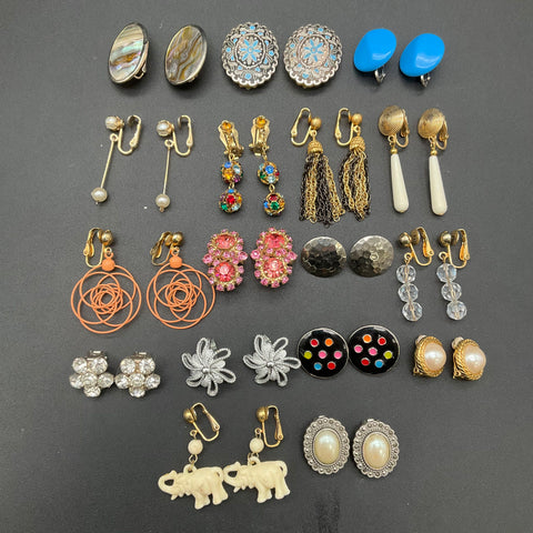 Vintage to Modern Clip On Earrings Jewelry Lot 16 Pairs Rhinestone Enamel