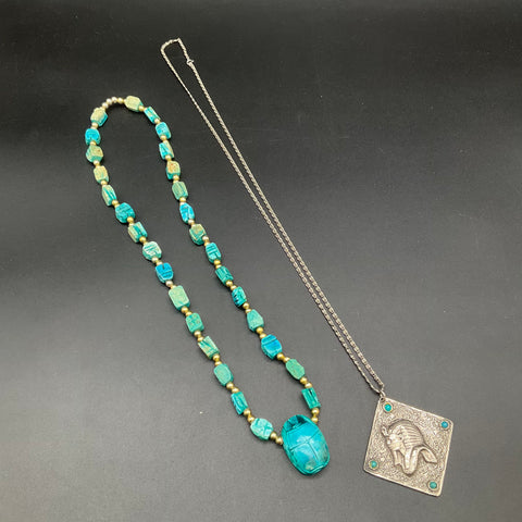 Vintage Egyptian Revival Jewelry Lot of 2 Scarab Bead & Sphinx Pendant Necklace