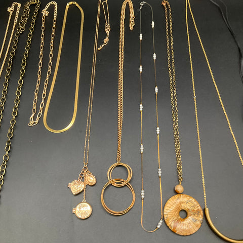 Fashion Costume Jewelry Lot of 11 Necklaces Gold Tone Chains Lockets Pendants