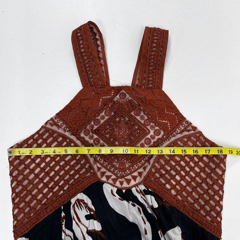 Anthropologie Women's Black Brown Leaf Print Embroidered Bodice Halter Dress 16P