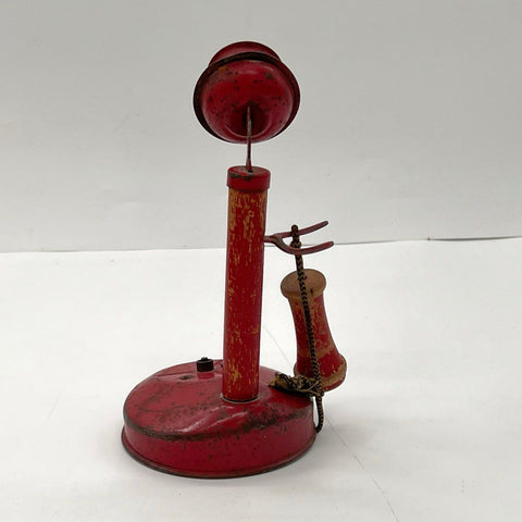 Vintage Red Toy Candlestick Phone Metal Wood Painted 8 Inch Collectible