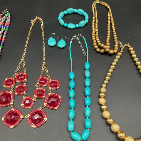 Statement Costume Jewelry Lot 8pc Beaded Gold Tone Turquoise Red Multi-Strand