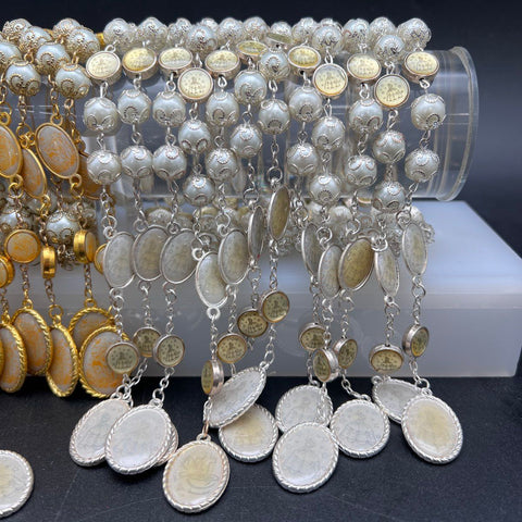 Religious Rosary Bracelet Lot of 20 Gold Silver Tone Faux Pearl Catholic Medals