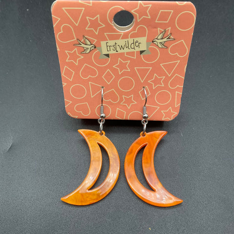 Erstwilder Resin Crescent Moon Drop Earrings Lot of 2 Pairs Amber Orange Marbled