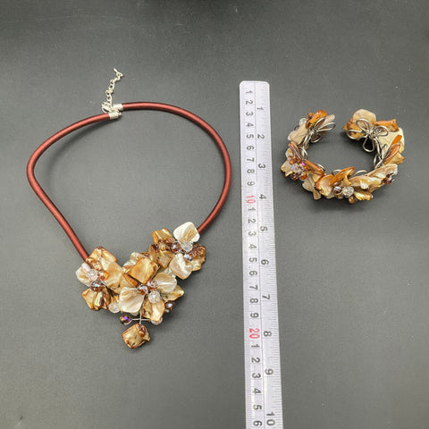 Mother of Pearl Shell Flower Necklace and Bracelet Set Bronze Silk Cord