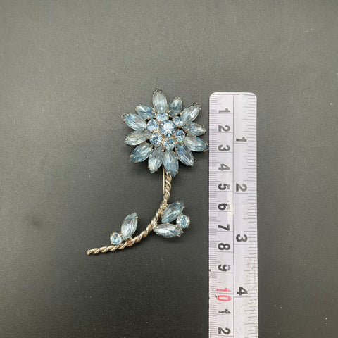 Vintage Mid-Century Silver Tone Light Blue Rhinestone Flower Spray Brooch 4.25"