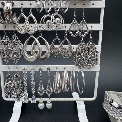 Silver Tone Fashion Earrings Jewelry Lot 50+ Pairs Hoops Dangles Boho Styles