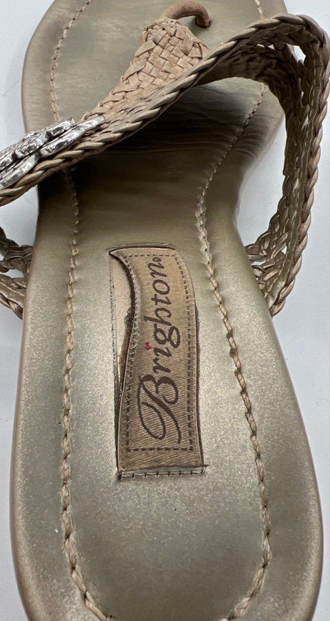 Brighton Lanai Woven Leather Flower Wedge Thong Sandals Pewter Size 8M