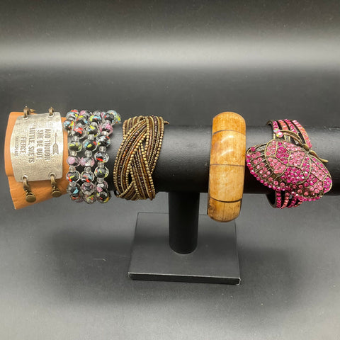 Boho Eclectic Jewelry Lot 12 Bracelets Bangles Cuffs Rhinestone Leather Shell