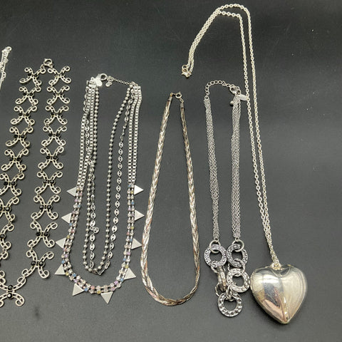 Silver Tone Fashion Jewelry Lot of 14 Necklaces 1928 Brand Heart Rhinestones