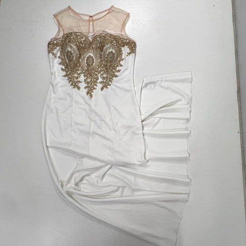 Baby Online Women's White Gold Lace Applique Illusion Mesh Evening Gown Dress