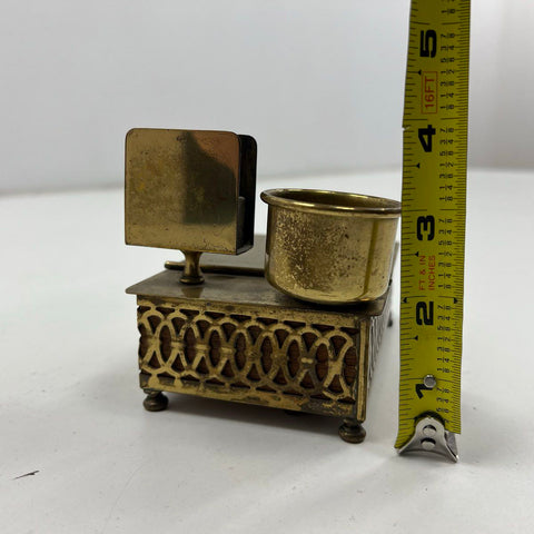 Vintage Swiss Music Box Brass Filigree Desk Caddy Inkwell Letter Holder