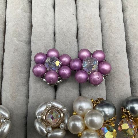 Vintage Clip On Earrings Lot of 15 Faux Pearl Rhinestone Crystal Mid-Century