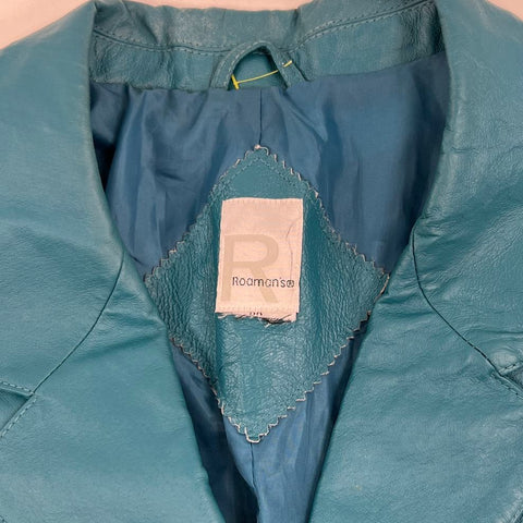 Vintage 80s Roaman's Teal Leather Double Breasted Coat Women's Plus