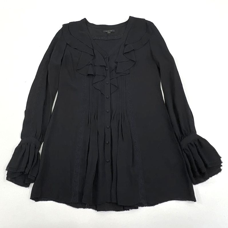 Women's Rachel Zoe Black 100% Silk Lace Trimmed Long Sleeve Blouse - Size 6