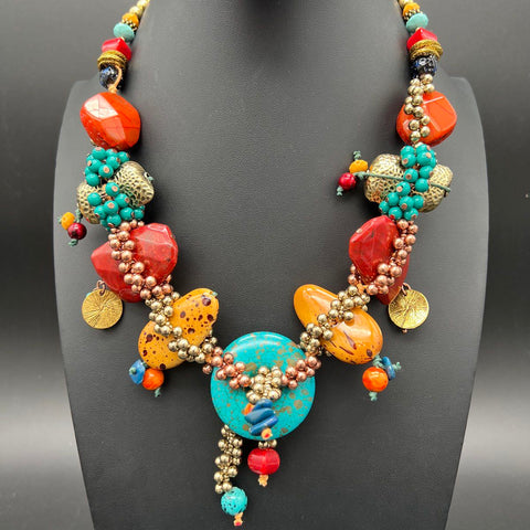 Treska Chunky Statement Necklace Multi Color Bead Bohemian Copper Tone NWT