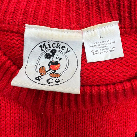 Vintage 90s Mickey & Co. Men's Red Knit Sweater Mickey Mouse Face Striped L