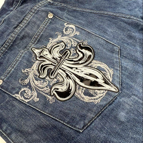 Vintage Y2K South Pole Premium Men's Denim Jorts Blue Embroidered Baggy Sz 38