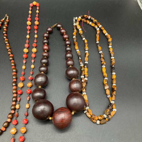 Vintage Boho Jewelry Lot of 7 Tiger's Eye Wood Bead Feather Stone Necklaces