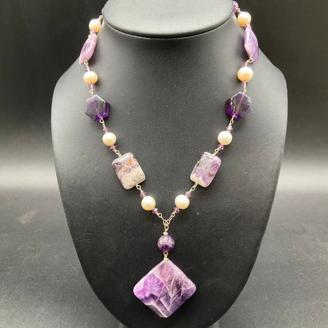 Sterling Silver 925 Amethyst & Pearl Artisan Handcrafted Necklace Purple 26"