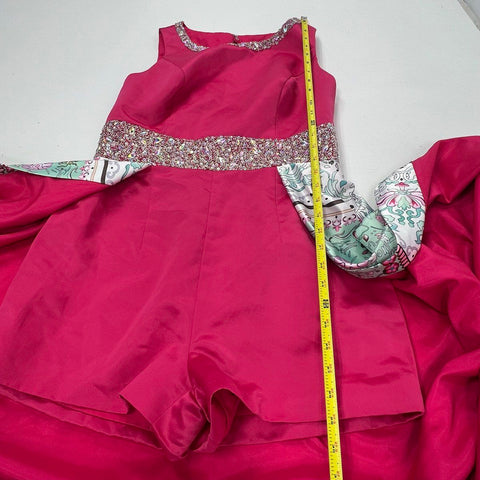 Dandan Li NWT Women's Pink Romper Maxi Overlay Gown Floral Beaded Formal