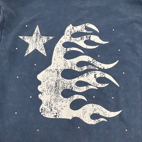 ZZG Men's Blue Faded Washed Streetwear Graphic Pullover Hoodie Sz M