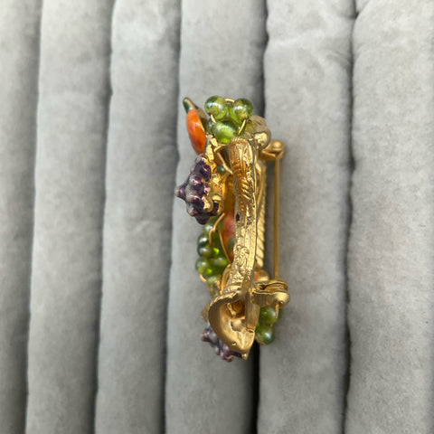 Vintage Mid-Century Gold Tone Enamel Fruit Basket Brooch Figural Jewelry 2.5"