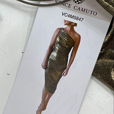NWT Vince Camuto Gold Metallic Ruched One Shoulder Bodycon Dress Women's Size 14