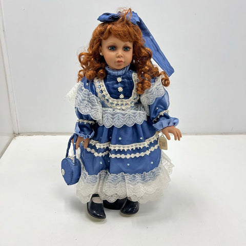 Vintage 90s Collectible Porcelain Doll Red Hair Blue Victorian Dress w/ Stand