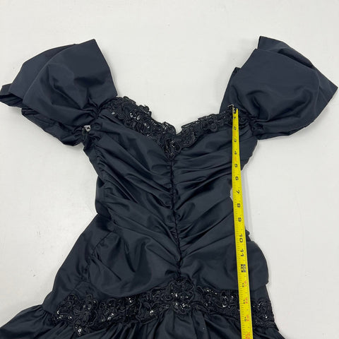 Vintage 80s Zum Zum Black Puff Sleeve Tiered Ruffle Prom Dress Goth Sz 5/6