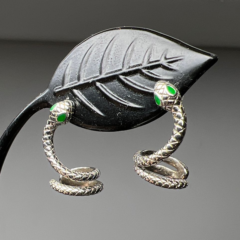 925 Sterling Silver Green Eye Snake Earrings