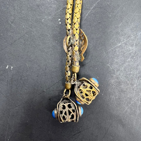 Vintage Art Nouveau Style Brass Tone Blue Stone Filigree Lariat Necklace