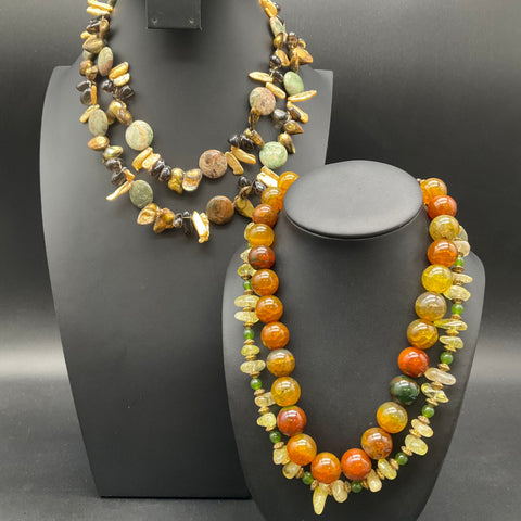 Artisan Polished Stone Necklace Lot of 3 Agate Style Citrine Tone Stick Pearls