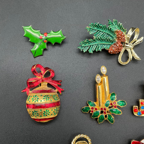 Holiday Pin Lot Tancer II Enameled Rhinestone 8 Pieces Vintage Christmas
