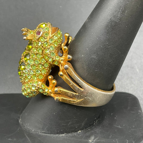 Vintage Style Figural Frog Ring Gold Tone Green Rhinestone Pave Size 10