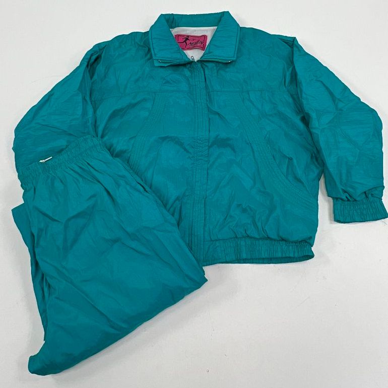 J.L. Motion Vintage 80s Teal Nylon Tracksuit Windbreaker Pants Set Womens L