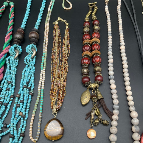 Vintage Boho Statement Beaded Necklace Lot 8 Pc Tiger's Eye Tassel Turquoise