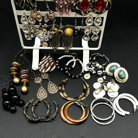 Fashion Earrings Costume Jewelry Lot of 25 Pairs Boho Rhinestone Hoops Dangles
