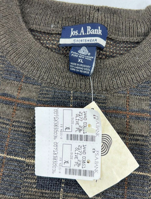 Vintage 90s Jos A Bank Brown Plaid Merino Wool Sweater Men's XL NWT