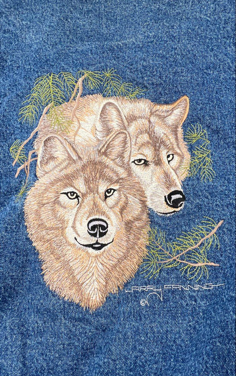 Vintage 90s Boast USA Denim Varsity Jacket Wolf Embroidery Larry Fanning Sz XXL