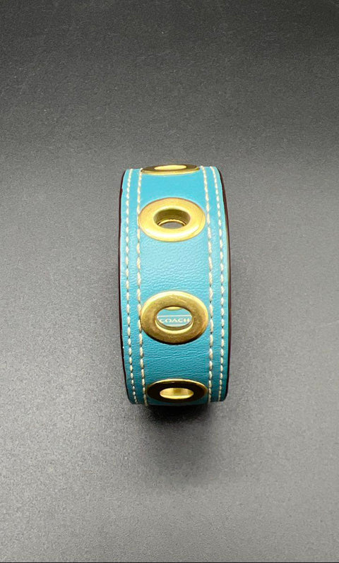 Coach Teal Leather Gold Tone Grommet Bangle Bracelet 2.5" Diameter Signed