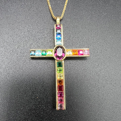Vintage PSCO 1998 Gold Tone Rainbow Rhinestone Cross Pendant Necklace Signed